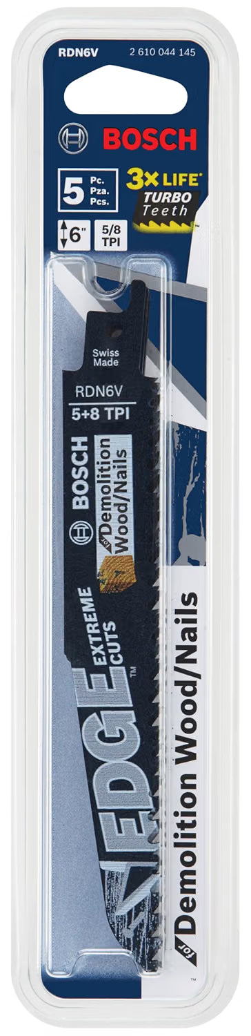 6" - RECIPROCATING SAW BLADE FOR WOOD WITH NAILS - 5 PACK